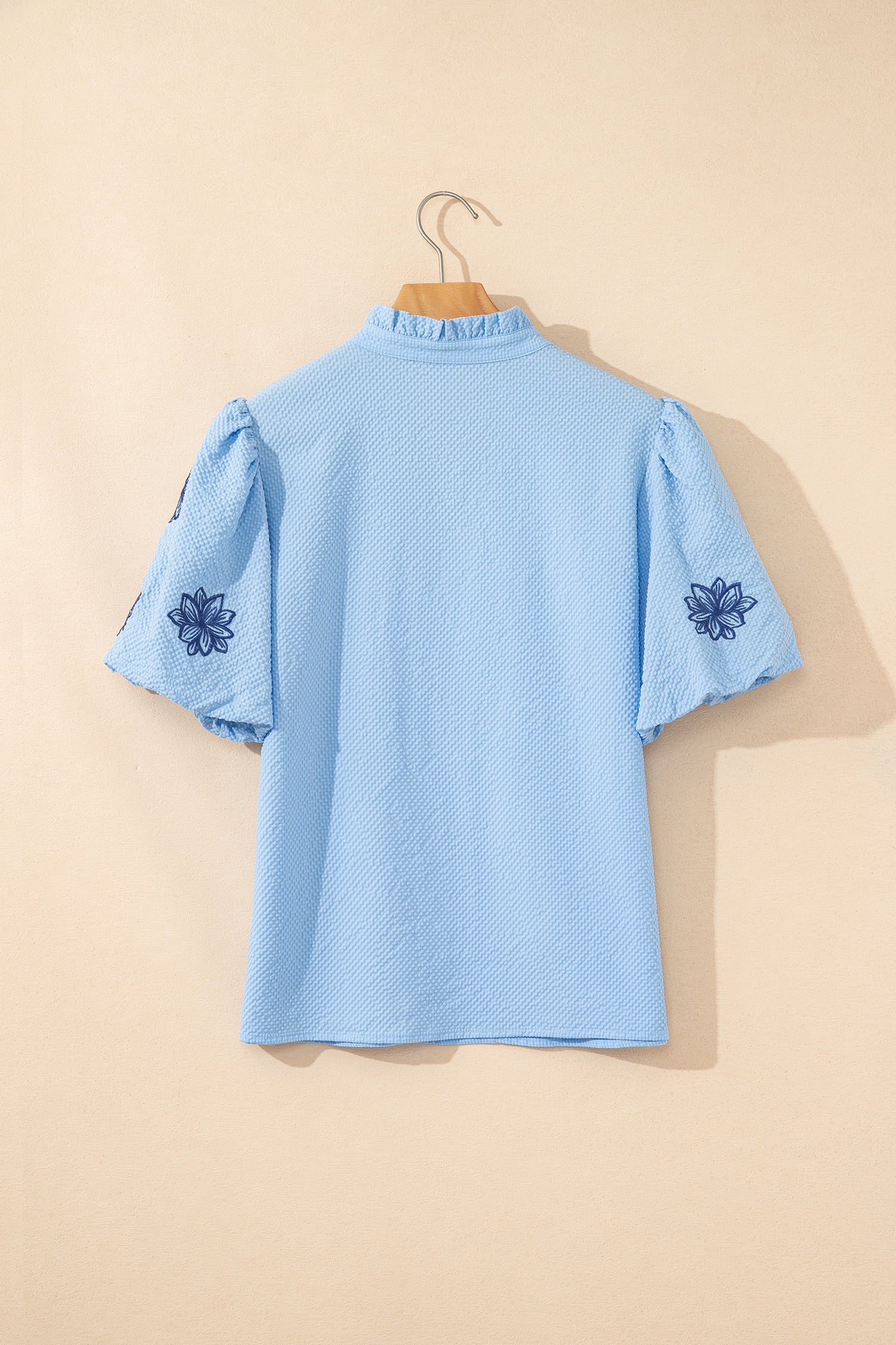 Beau Blue Flower Embroidered Puff Sleeve Split Neck Textured Blouse-Tops/Blouses & Shirts-[Adult]-[Female]-2022 Online Blue Zone Planet