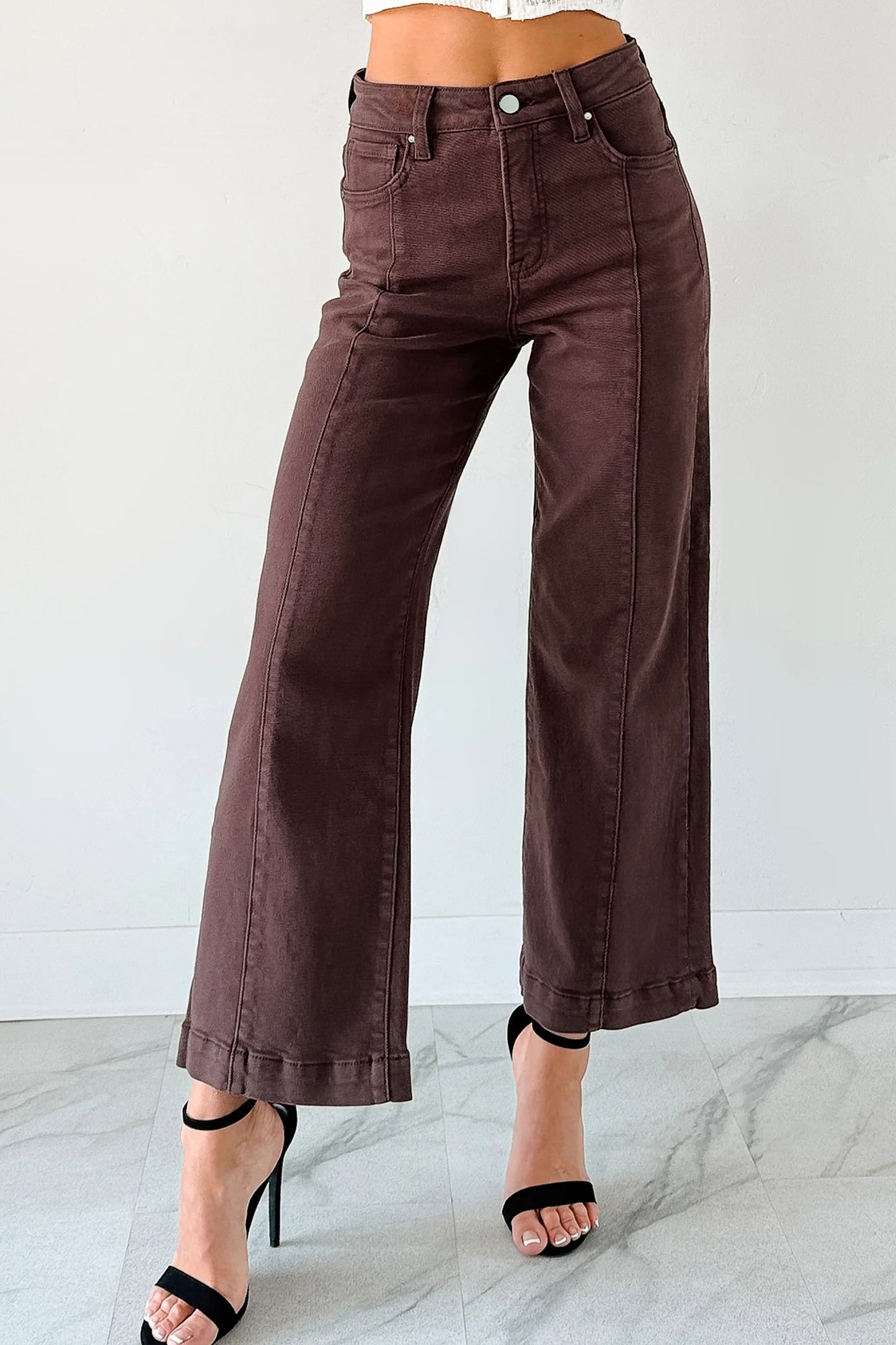 Red Sandalwood Solid Color Seamed Center Wide Leg Cropped Jeans-Bottoms/Jeans-[Adult]-[Female]-2022 Online Blue Zone Planet