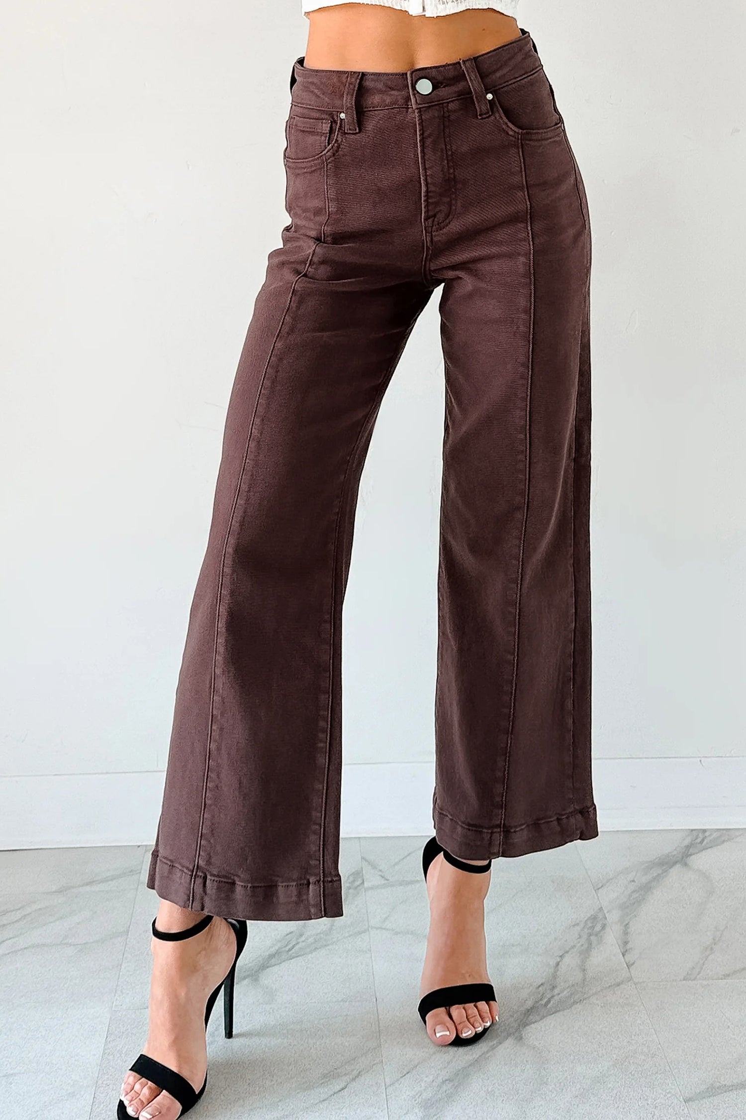 Red Sandalwood Solid Color Seamed Center Wide Leg Cropped Jeans-Bottoms/Jeans-[Adult]-[Female]-2022 Online Blue Zone Planet