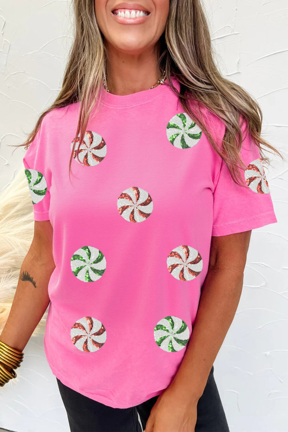 Sachet Pink Sequined Peppermint Pattern Christmas Custom T Shirt-Graphic/Graphic Tees-[Adult]-[Female]-2022 Online Blue Zone Planet