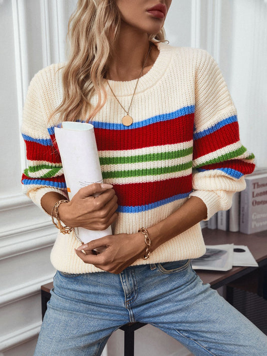 Contrast Stripes Round Neck Long Sleeve Sweater-TOPS / DRESSES-[Adult]-[Female]-Cream-S-2022 Online Blue Zone Planet