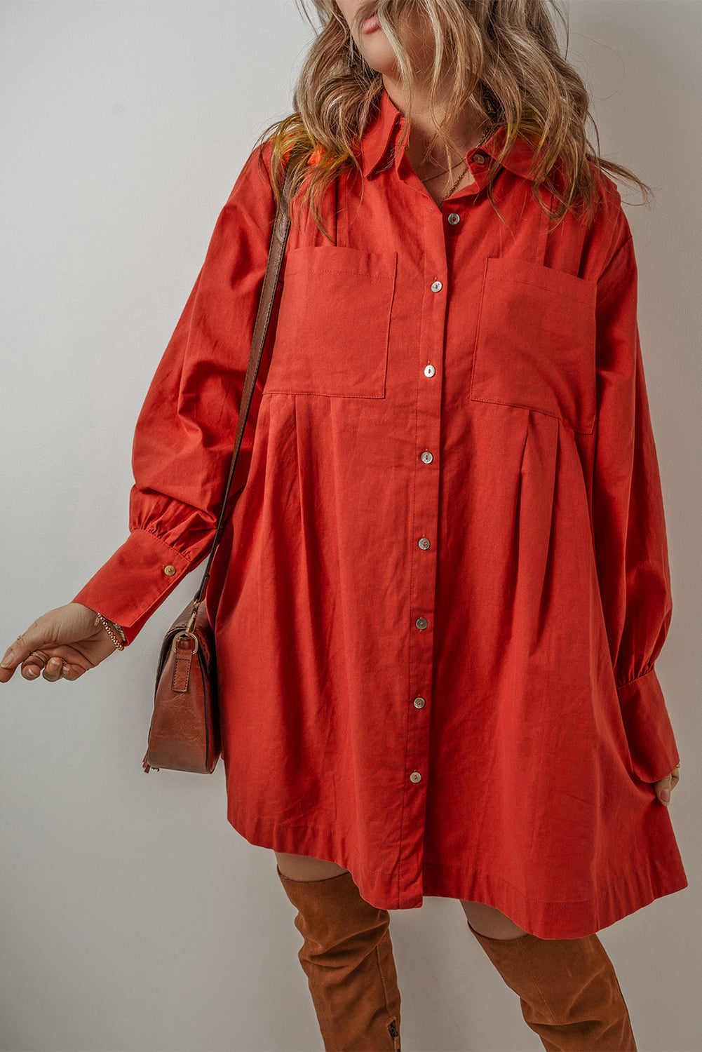 Tomato Red Bishop Sleeve Button Up Pleated Mini Shirt Dress-Dresses/Mini Dresses-[Adult]-[Female]-2022 Online Blue Zone Planet