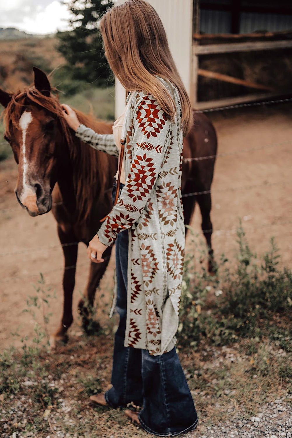 Sky Blue Western Aztec Printed Open Front Long Cardigan-Sweaters & Cardigans/Cardigans-[Adult]-[Female]-2022 Online Blue Zone Planet