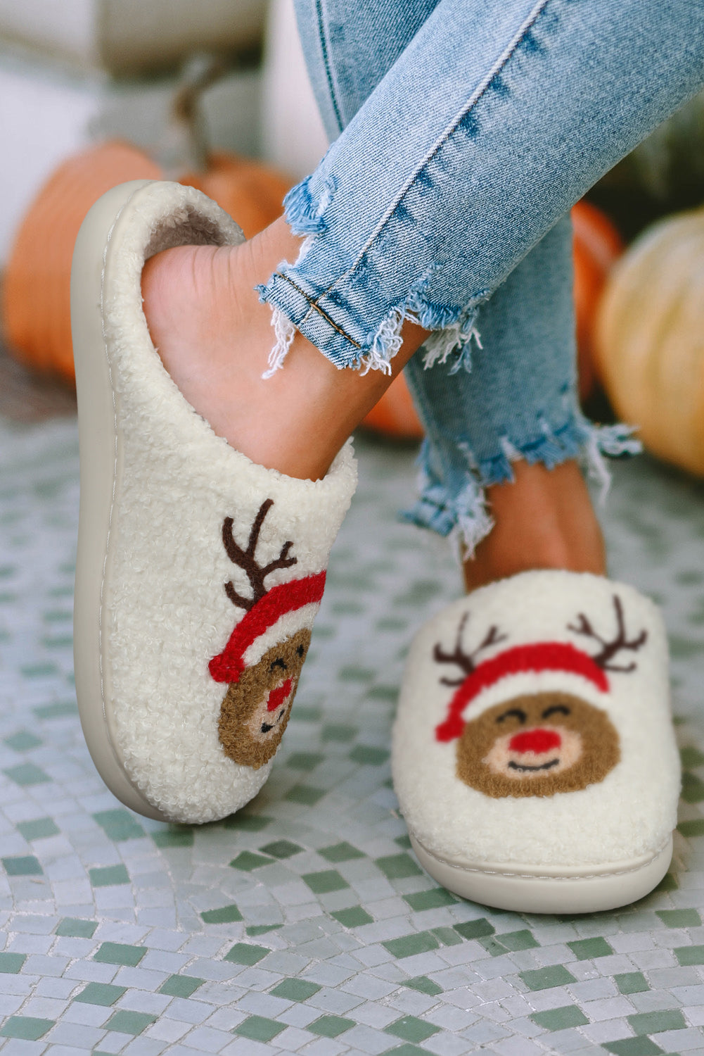 White Christmas Deer Home Indoor Plush Slippers-Shoes & Bags/Slippers-[Adult]-[Female]-2022 Online Blue Zone Planet