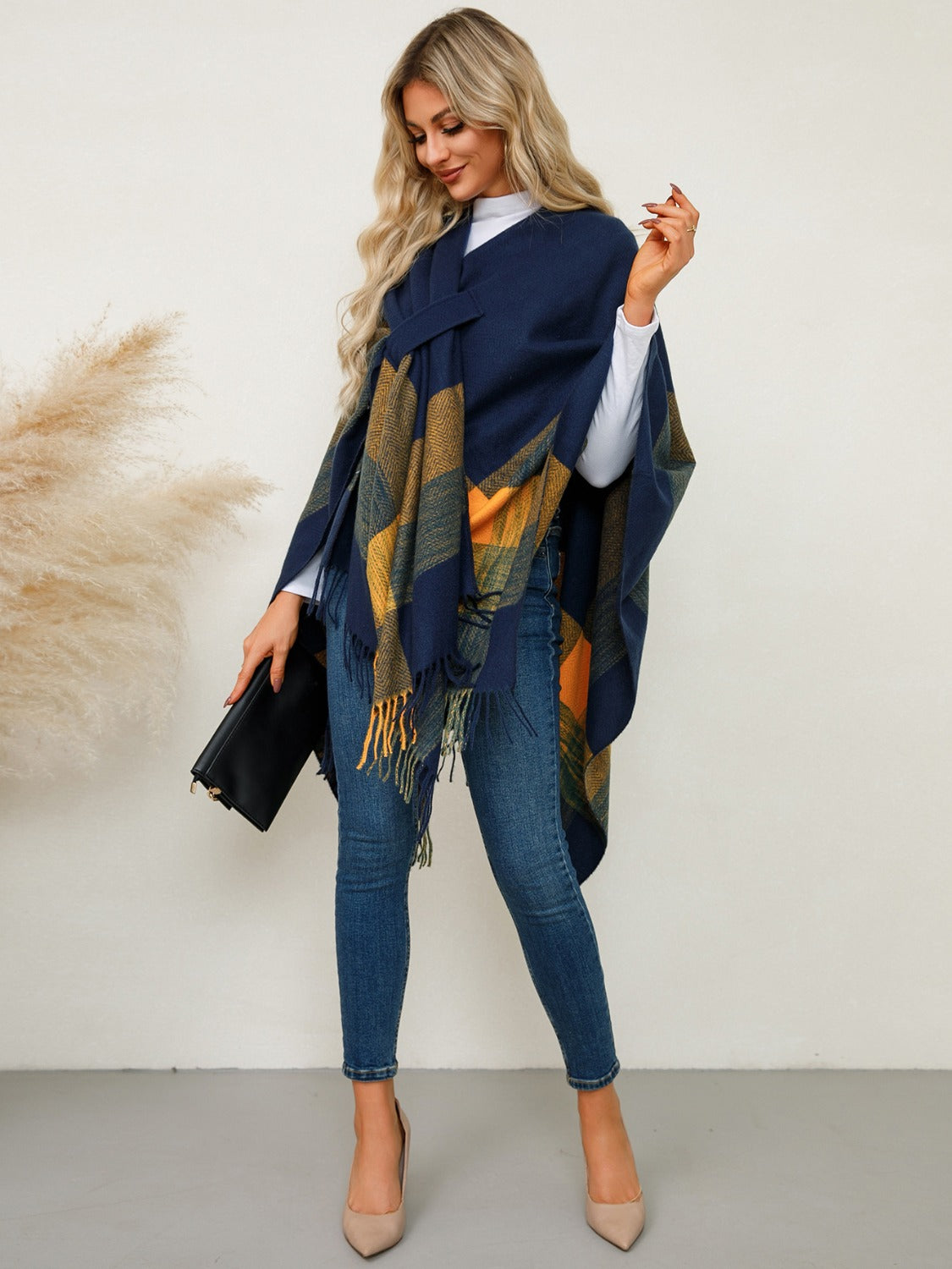 Fringe Contrast Plaid Poncho-TOPS / DRESSES-[Adult]-[Female]-2022 Online Blue Zone Planet