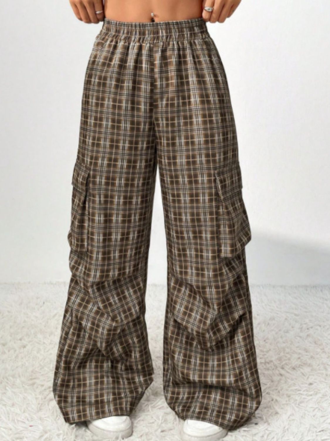 Blue Zone Planet | Plaid Wide Leg Pants with Pockets-BOTTOMS SIZES SMALL MEDIUM LARGE-[Adult]-[Female]-Taupe-S-2022 Online Blue Zone Planet