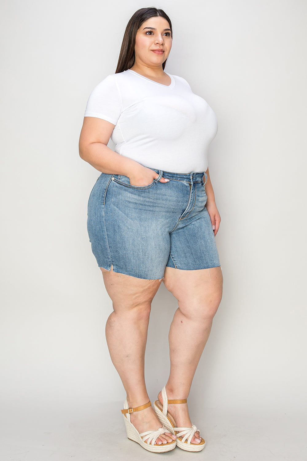 Judy Blue Full Size High Waist Raw Hem Denim Shorts-BOTTOM SIZES SMALL MEDIUM LARGE-[Adult]-[Female]-2022 Online Blue Zone Planet