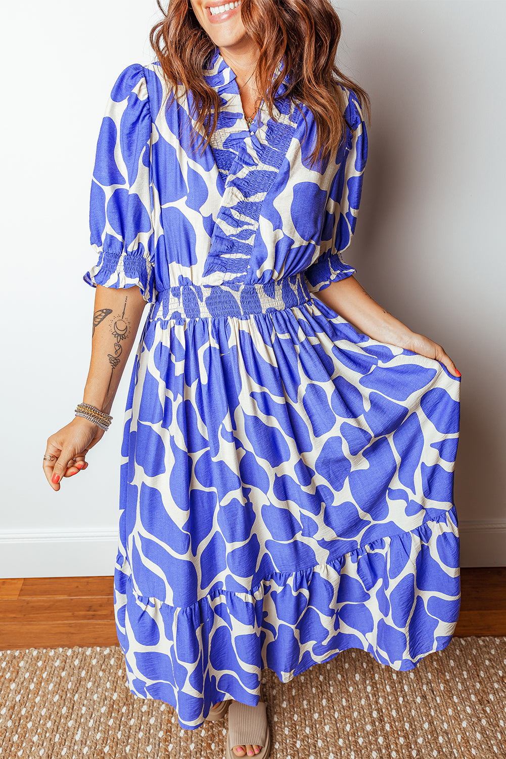 Sky Blue Abstract Print Smocked Waist Puff Half Sleeve Maxi Dress-TOPS / DRESSES-[Adult]-[Female]-Sky Blue-S-2022 Online Blue Zone Planet