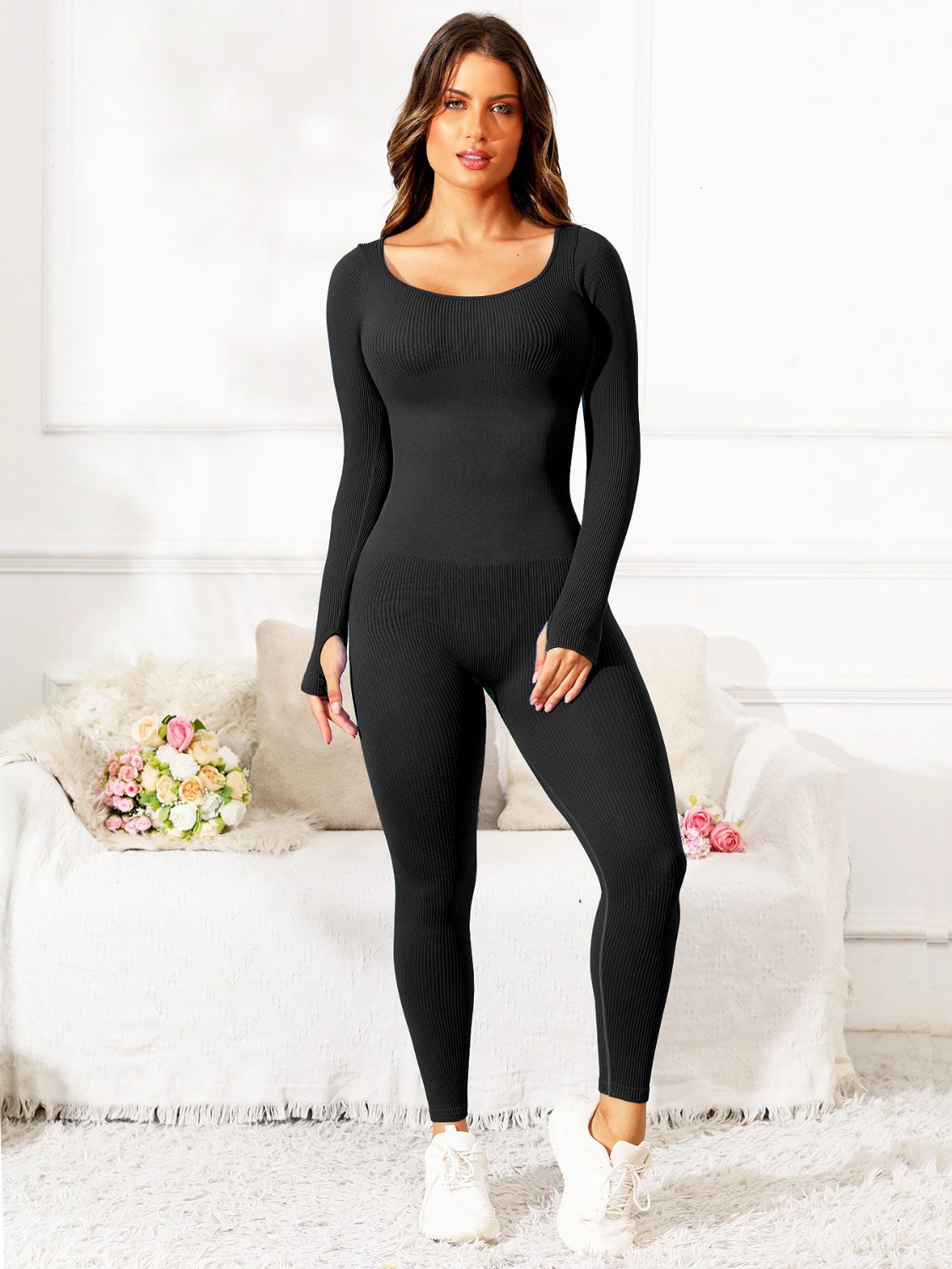 Scoop Neck Long Sleeve Active Jumpsuit-TOPS / DRESSES-[Adult]-[Female]-Brown-S-2022 Online Blue Zone Planet