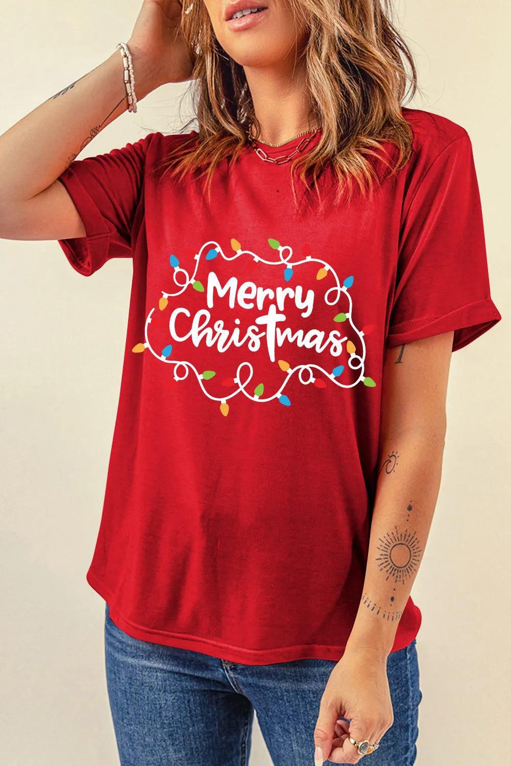 MERRY CHRISTMAS Round Neck Short Sleeve T-Shirt-TOPS / DRESSES-[Adult]-[Female]-2022 Online Blue Zone Planet