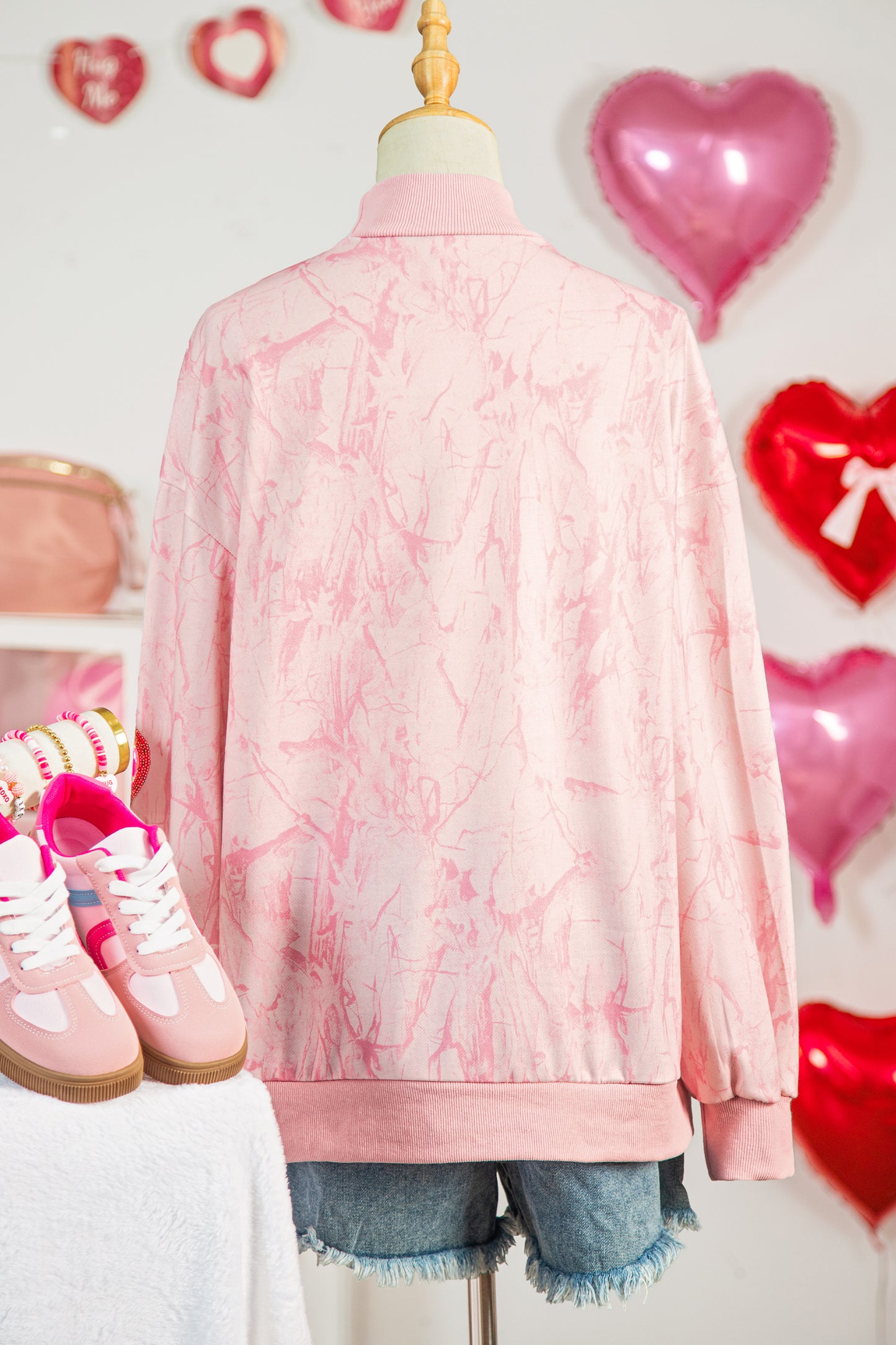 Pink Tie Dye Camo Sequin Love Heart Patched Mock Neck Sweatshirt-Graphic Sweatshirts-[Adult]-[Female]-2022 Online Blue Zone Planet