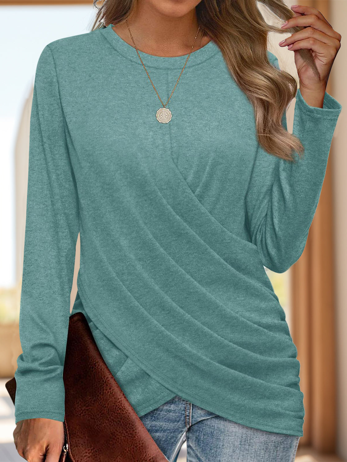 Ruched Round Neck Long Sleeve T-Shirt-TOPS / DRESSES-[Adult]-[Female]-Turquoise-S-2022 Online Blue Zone Planet