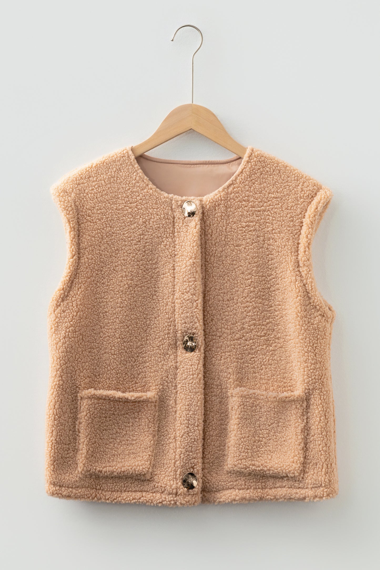 Light French Beige Big Button Accent Fuzzy Pocket Vest-TOPS / DRESSES-[Adult]-[Female]-2022 Online Blue Zone Planet