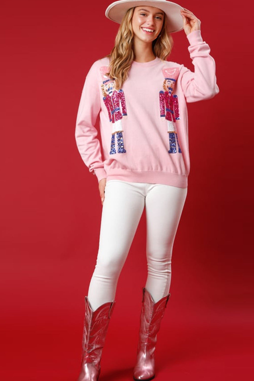 Pink Nutcracker Christmas Crew Neck Sweatshirt-Tops/Sweatshirts & Hoodies-[Adult]-[Female]-2022 Online Blue Zone Planet