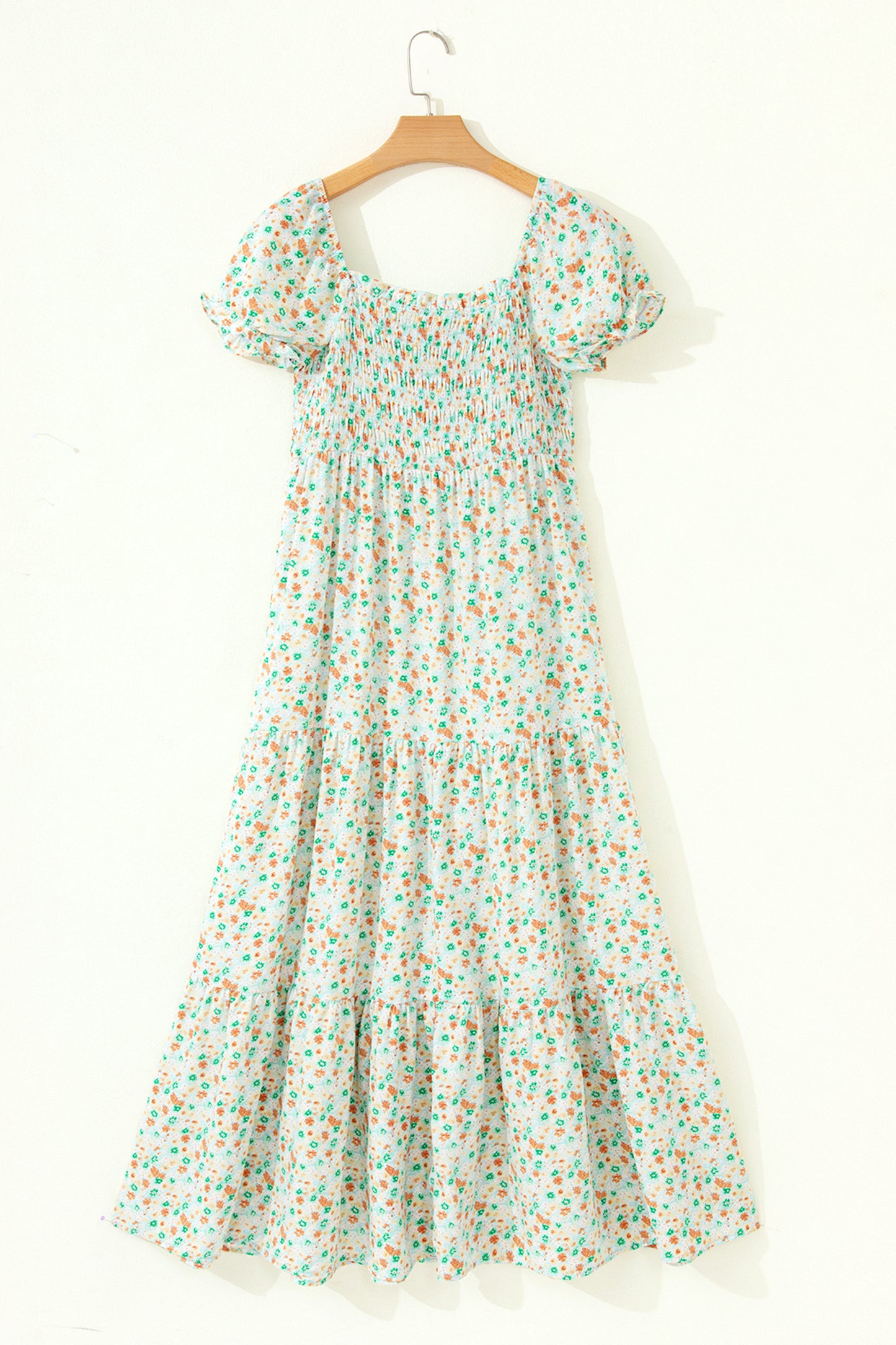 Green Floral Short Bubble Sleeve Shirred High Waist Maxi Dress-TOPS / DRESSES-[Adult]-[Female]-2022 Online Blue Zone Planet