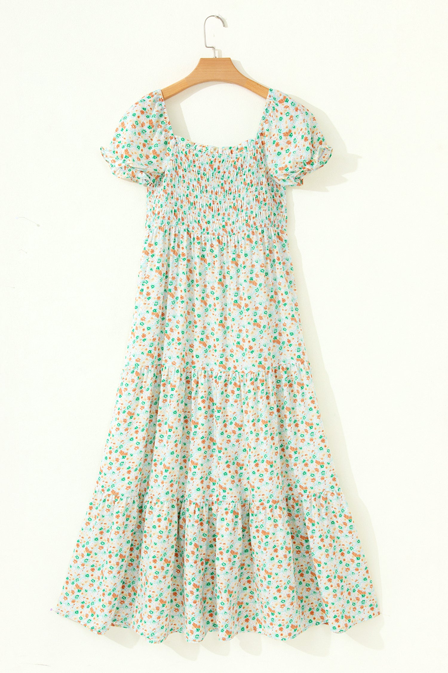 Green Floral Short Bubble Sleeve Shirred High Waist Maxi Dress-TOPS / DRESSES-[Adult]-[Female]-2022 Online Blue Zone Planet