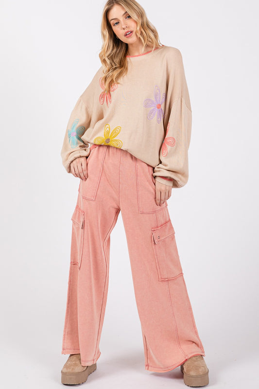 SAGE + FIG Knit Terry Mineral Wash Wide Leg Pants-[Adult]-[Female]-Rose-S-2022 Online Blue Zone Planet