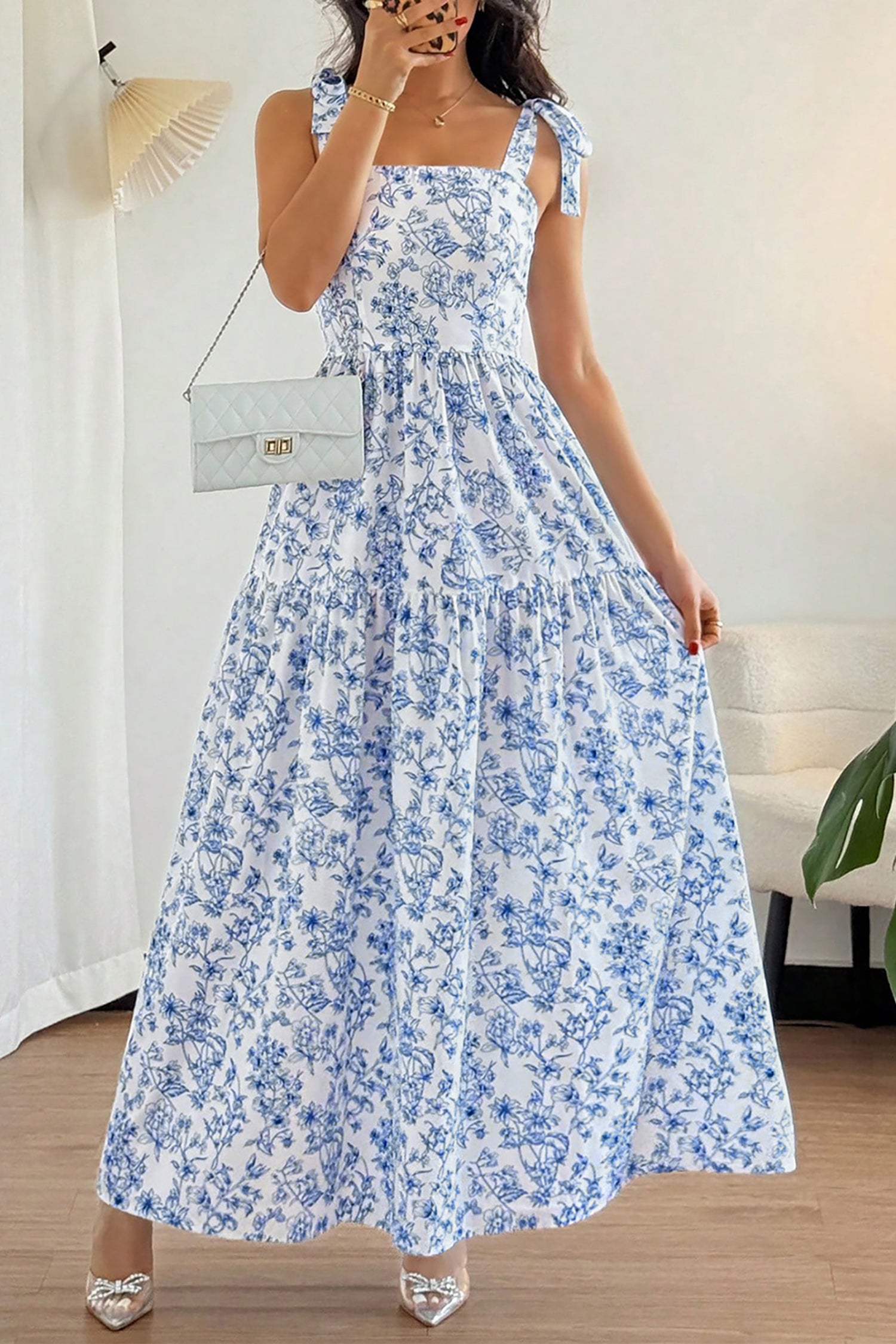 flared maxi dresses for women Orange Floral Bubble Sleeve V Neck Flared Maxi Dress Orange / M / 100%Polyester by Blue Zone Planet