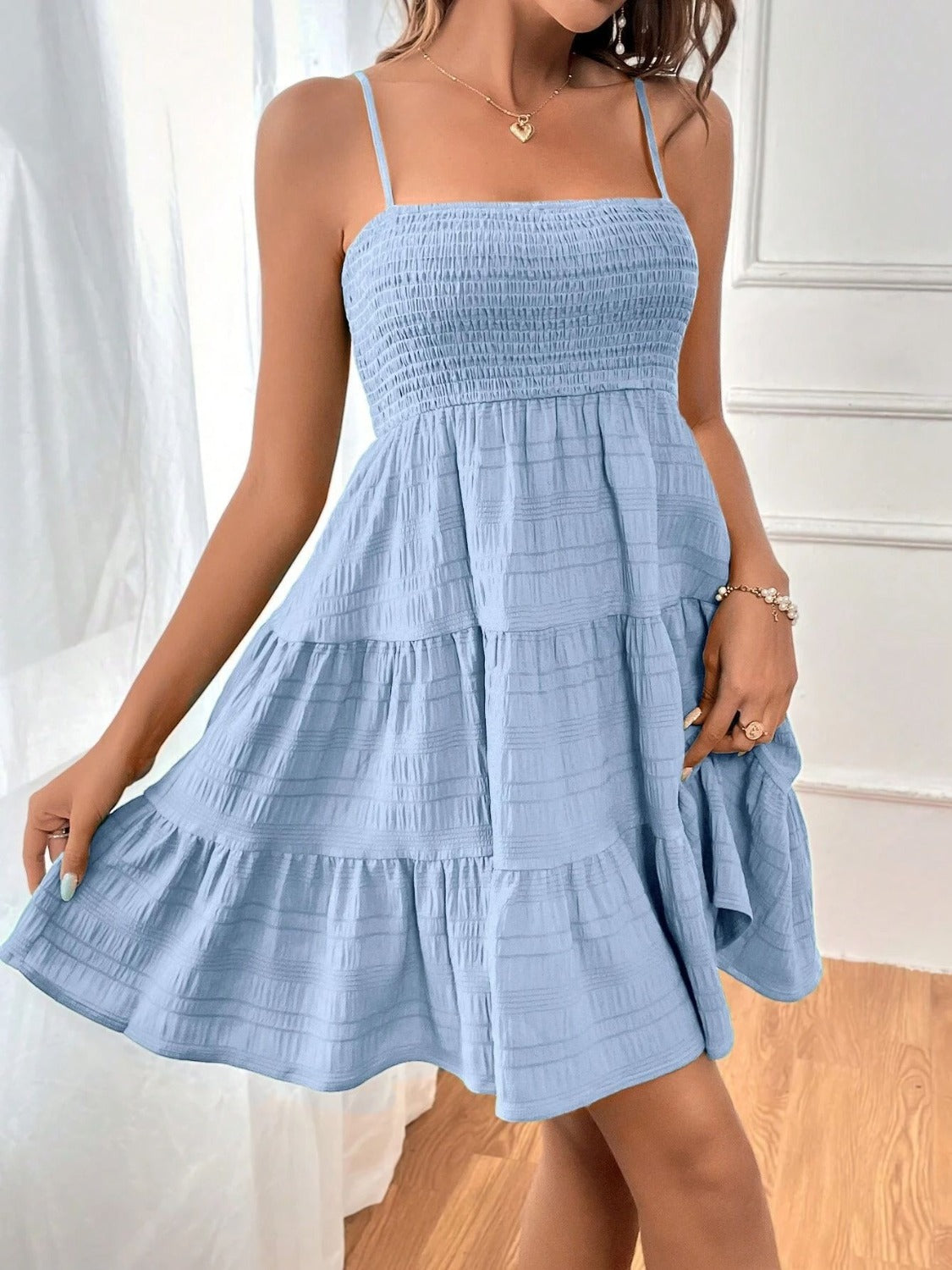 Tiered Smocked Square Neck Cami Dress-TOPS / DRESSES-[Adult]-[Female]-Light Blue-S-2022 Online Blue Zone Planet