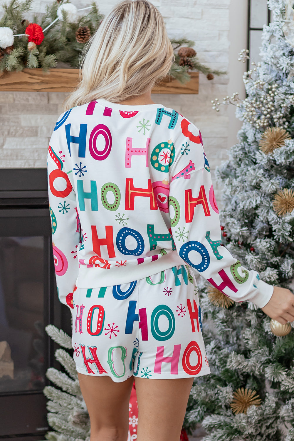 White Ho Ho Ho Christmas Fashion Print 2pcs Lounge Short Set-Loungewear & Sleepwear/Loungewear-[Adult]-[Female]-2022 Online Blue Zone Planet