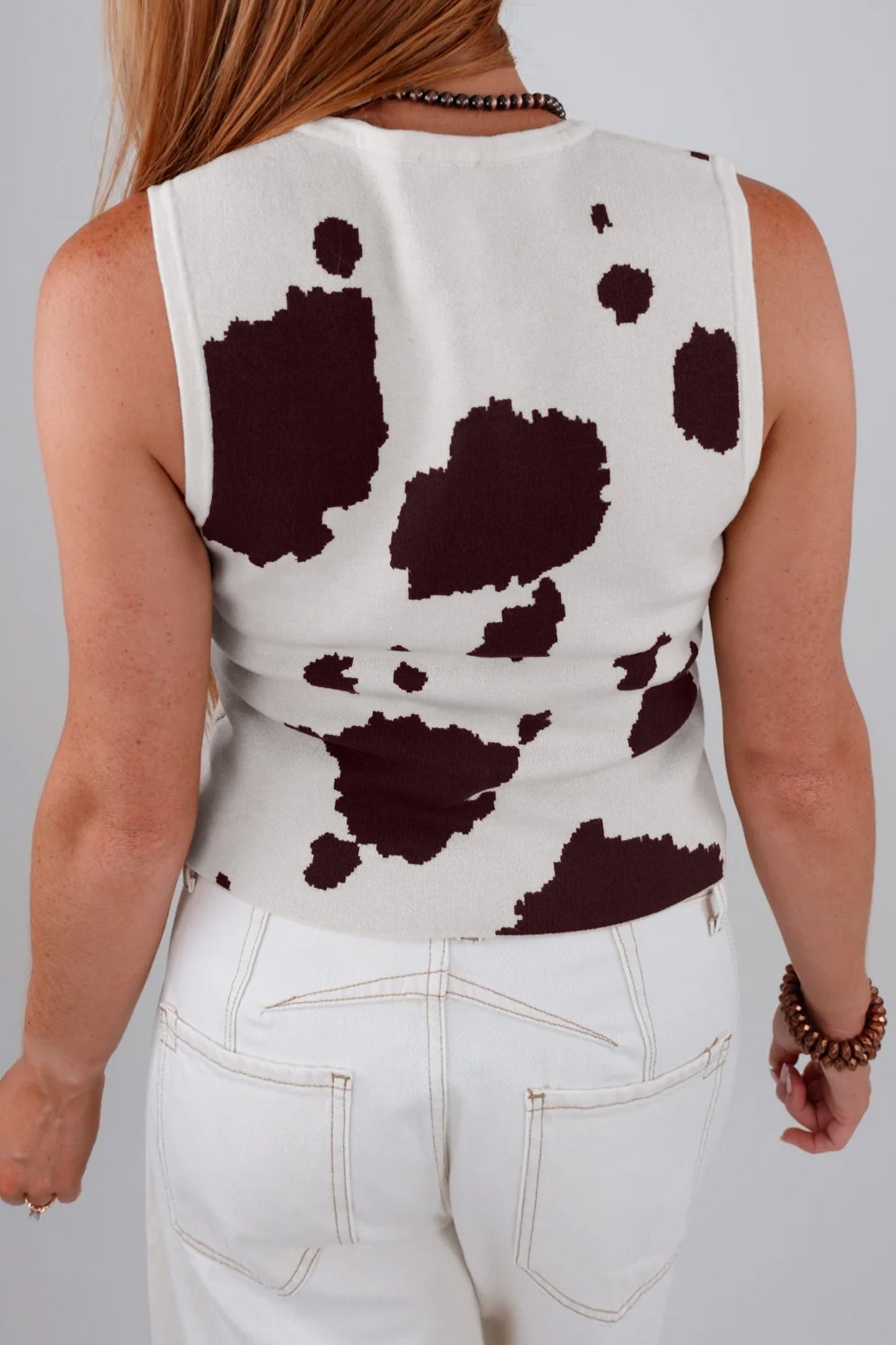 White Western Cow Spots Button Down Sweater Vest-Sweaters & Cardigans/Sweater Vests-[Adult]-[Female]-2022 Online Blue Zone Planet