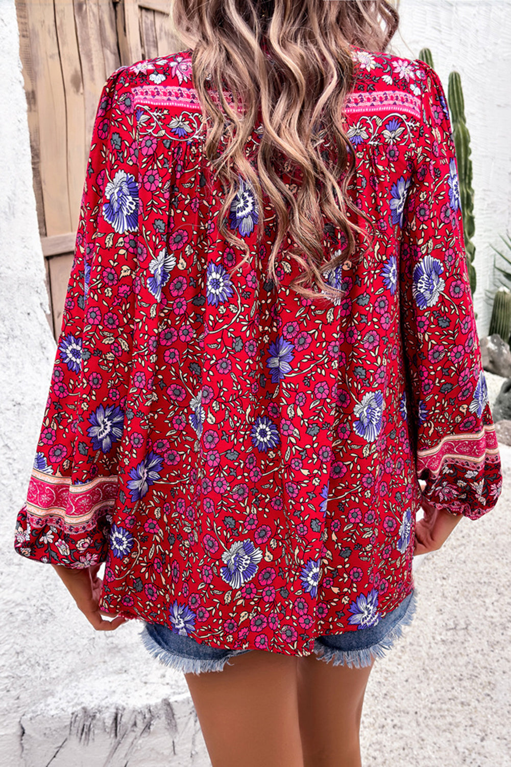 Blue Bohemian Floral Print Tassel Tie Front Long Sleeve Blouse