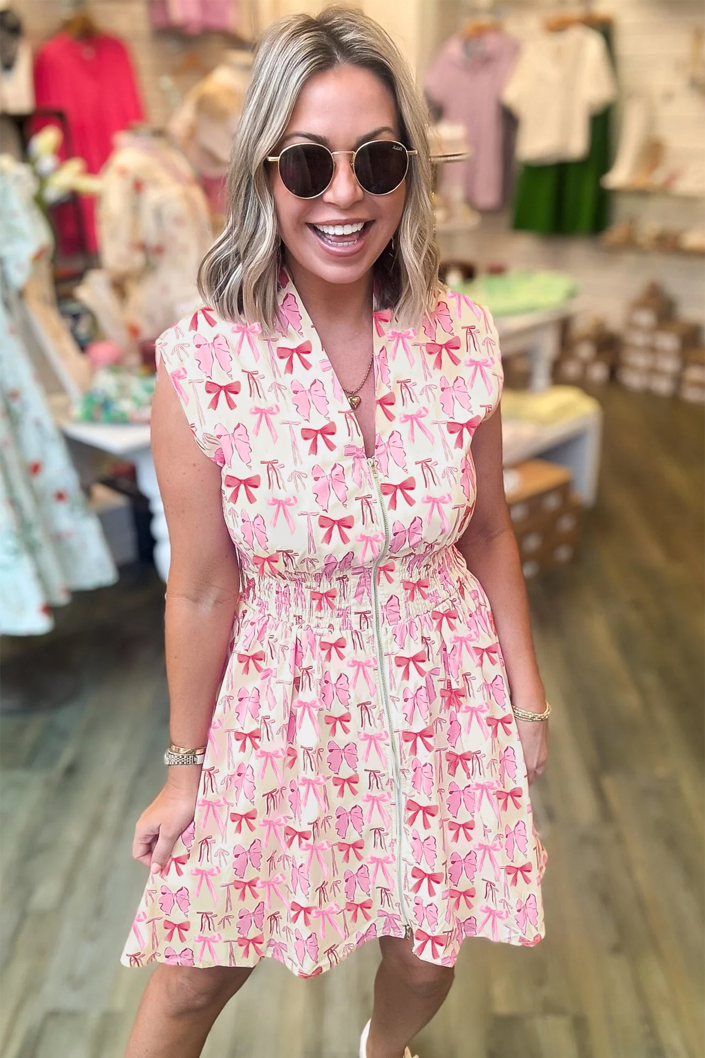 Pink Full Zip Cinched Waist Sleeveless Bow Mini Dress-TOPS / DRESSES-[Adult]-[Female]-2022 Online Blue Zone Planet