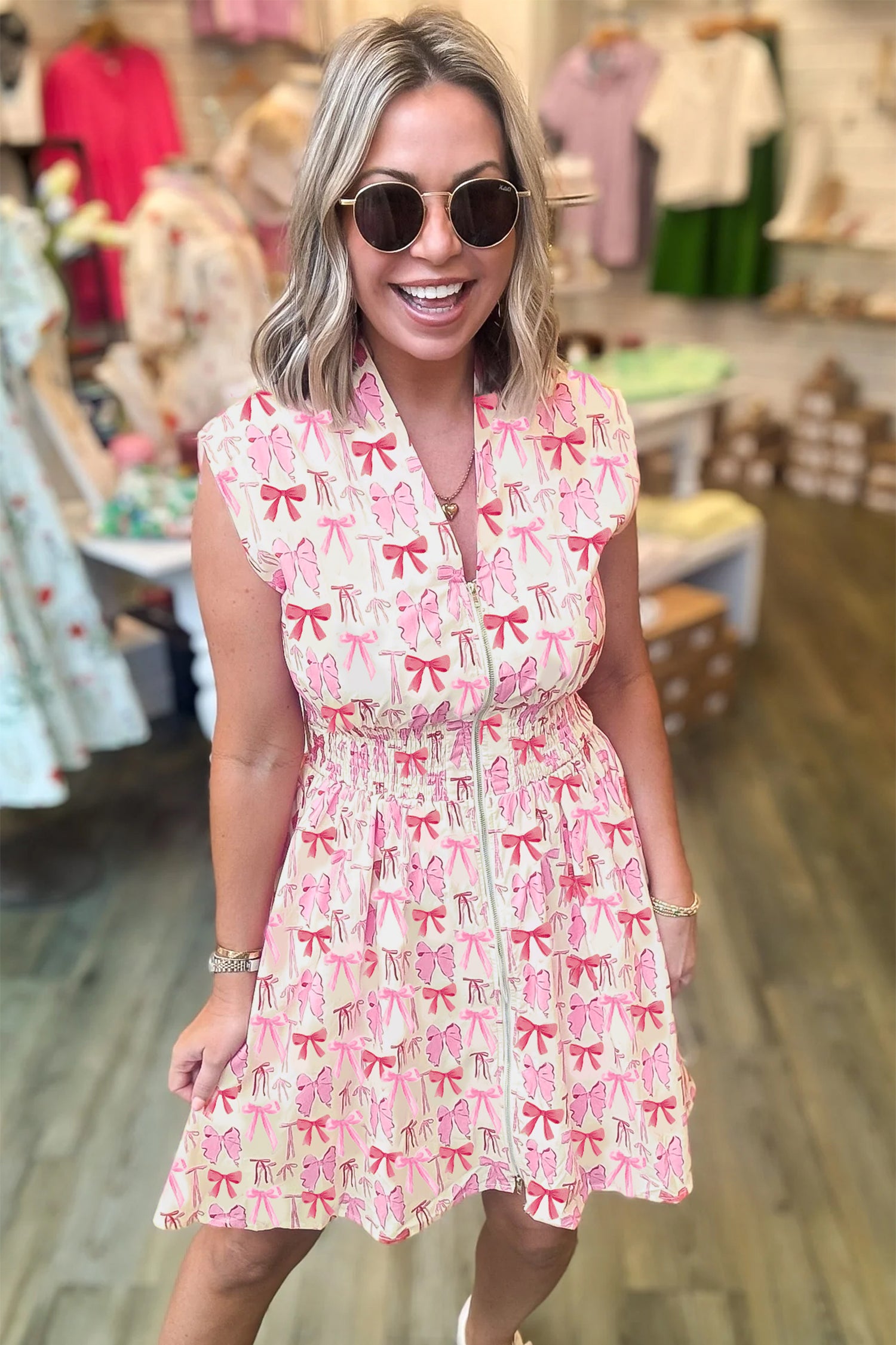 Pink Full Zip Cinched Waist Sleeveless Bow Mini Dress-TOPS / DRESSES-[Adult]-[Female]-2022 Online Blue Zone Planet