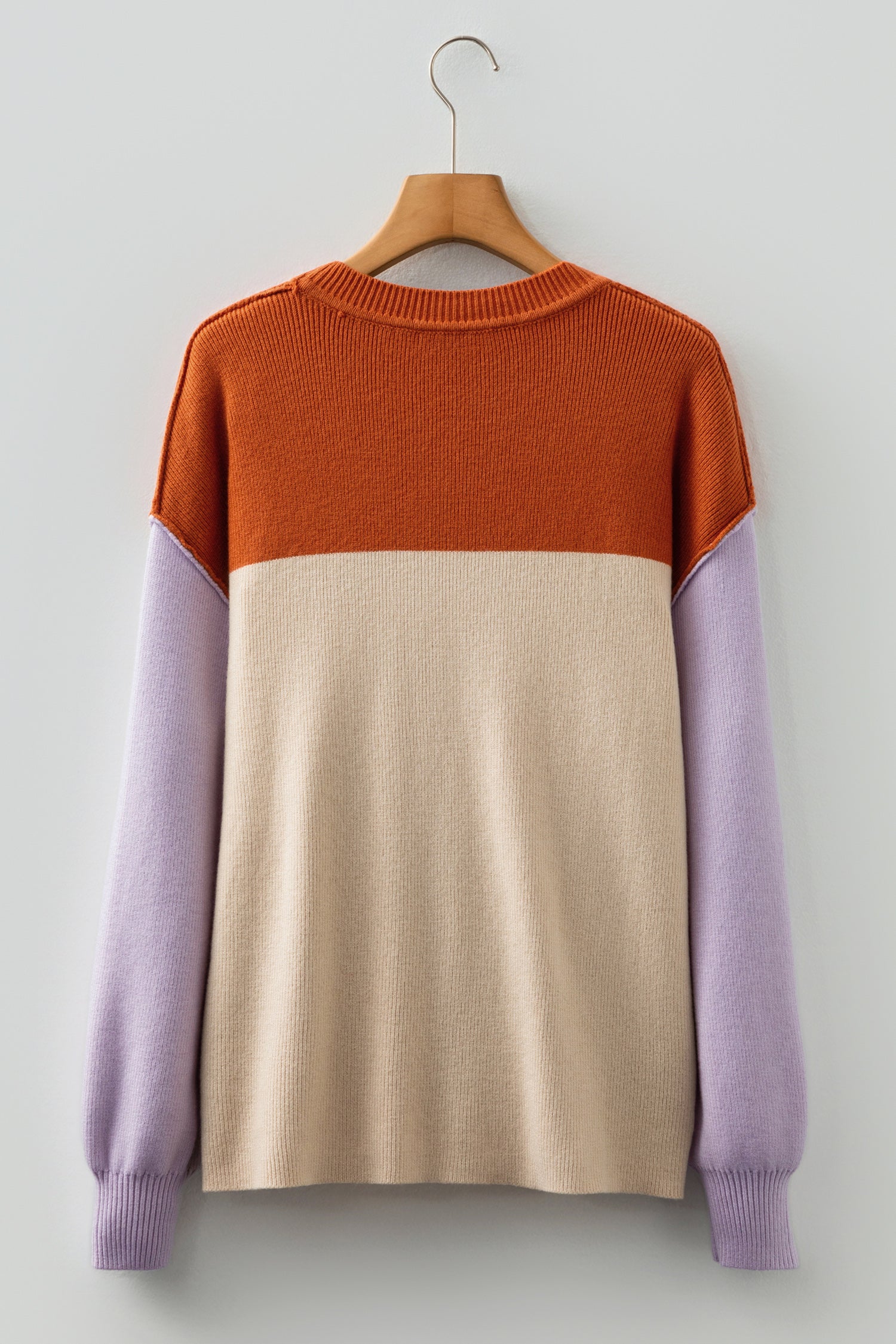 Khaki Color Block Plain Ribbed Knit Baggy Sweater-TOPS / DRESSES-[Adult]-[Female]-2022 Online Blue Zone Planet