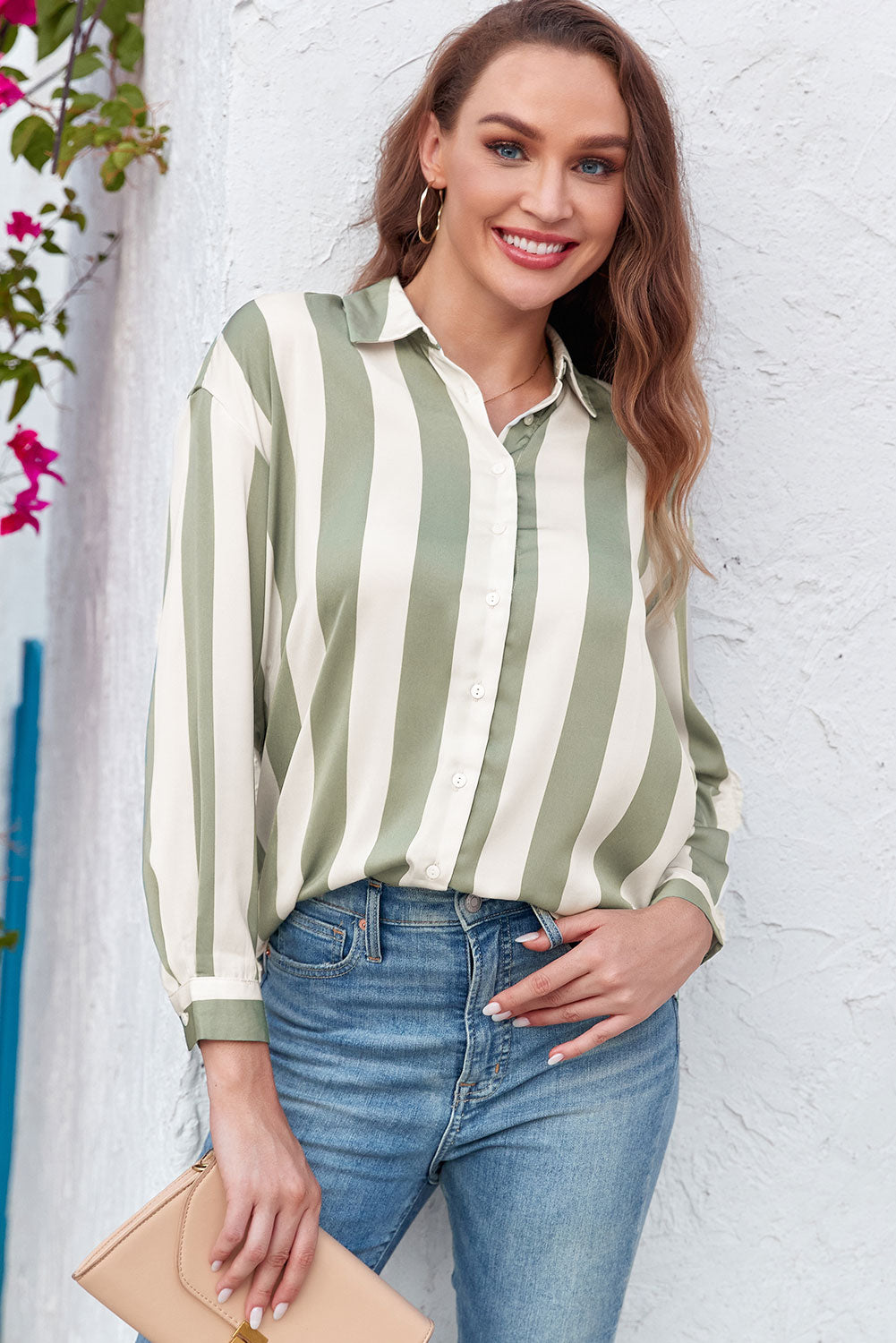 Green Striped Soft Relaxed Button Up Shirt-Tops/Blouses & Shirts-[Adult]-[Female]-2022 Online Blue Zone Planet