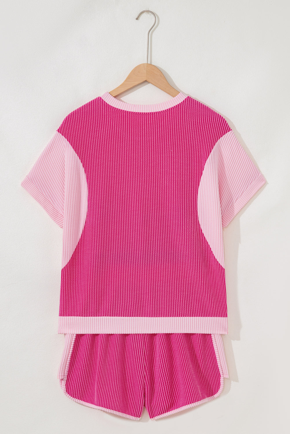 Rose Red 3D Spiral Ribbed Texture 2 Tones Patchwork Short Set-Two Piece Sets/Short Sets-[Adult]-[Female]-2022 Online Blue Zone Planet