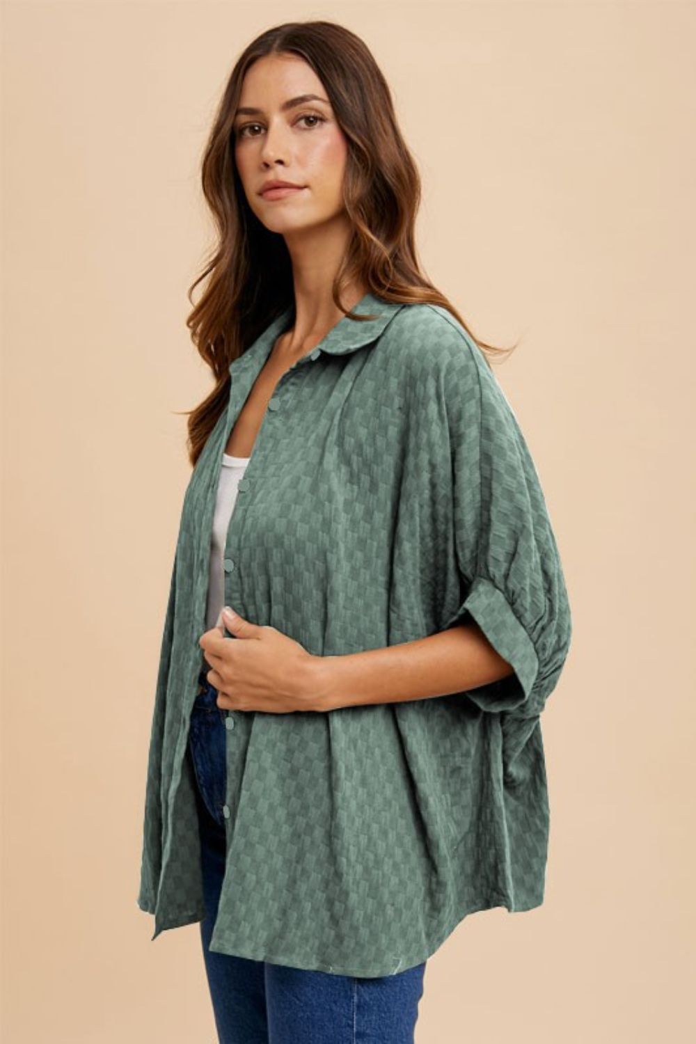 Annie Wear Checkered Button Up Half Sleeve Shirt-TOPS / DRESSES-[Adult]-[Female]-Dark Sage-S-2022 Online Blue Zone Planet