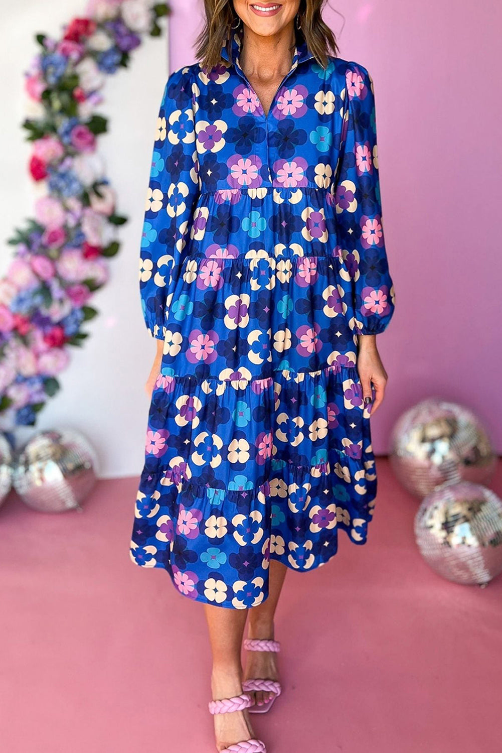 Blue Floral Peasant Sleeve Tiered Ruffle Midi Dress-Dresses/Midi Dresses-[Adult]-[Female]-Blue-S-2022 Online Blue Zone Planet