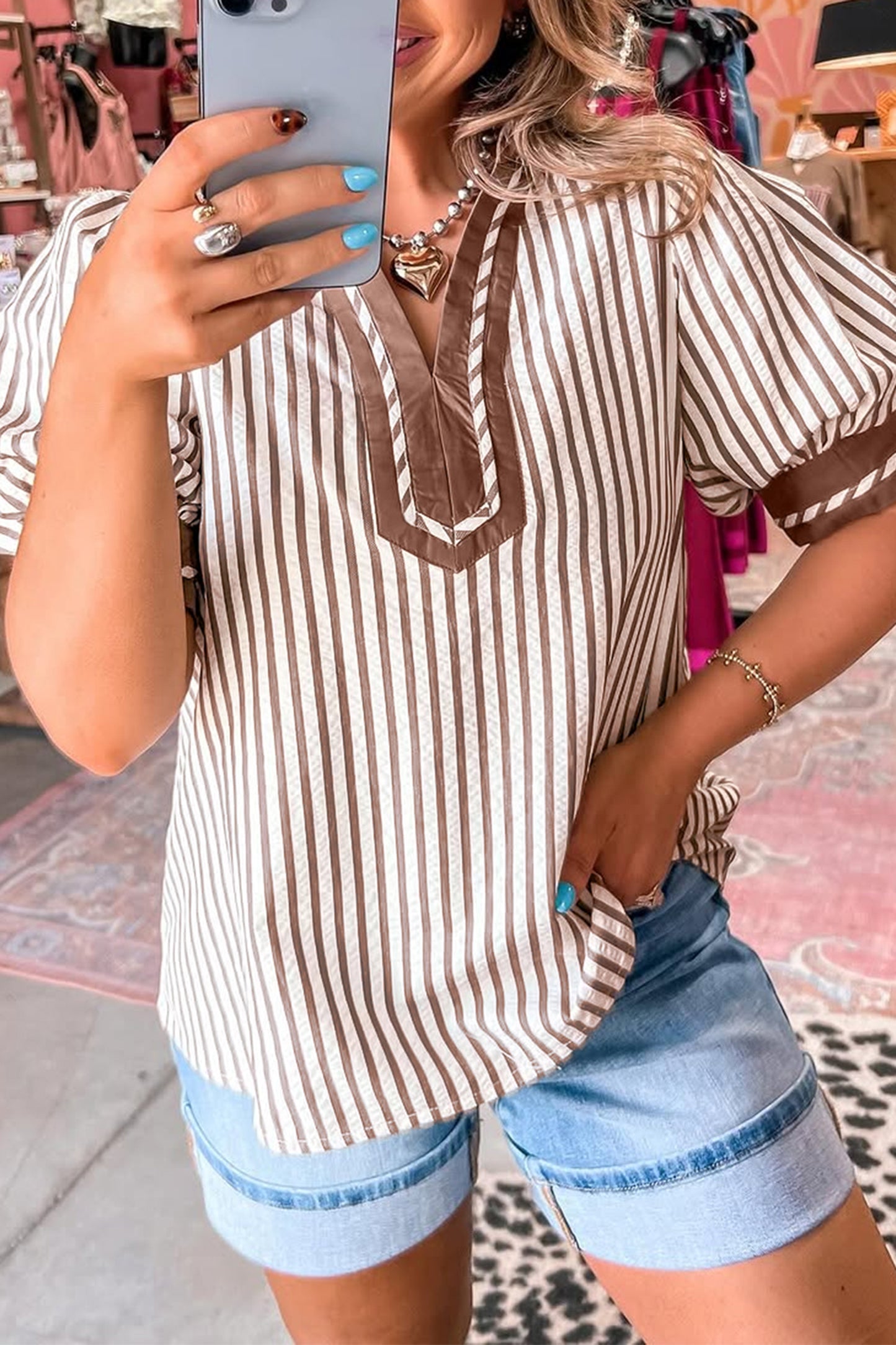 Khaki Stripe Collared Split Neck Short Bubble Sleeve Blouse-Tops/Blouses & Shirts-[Adult]-[Female]-Khaki Stripe-S-2022 Online Blue Zone Planet