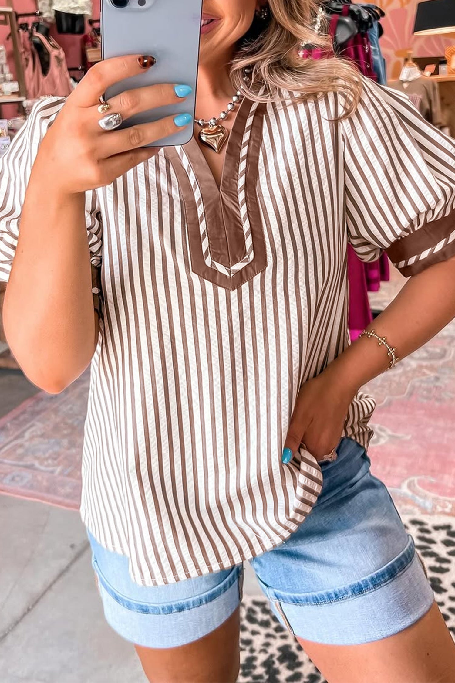 Khaki Stripe Collared Split Neck Short Bubble Sleeve Blouse-Tops/Blouses & Shirts-[Adult]-[Female]-Khaki Stripe-S-2022 Online Blue Zone Planet