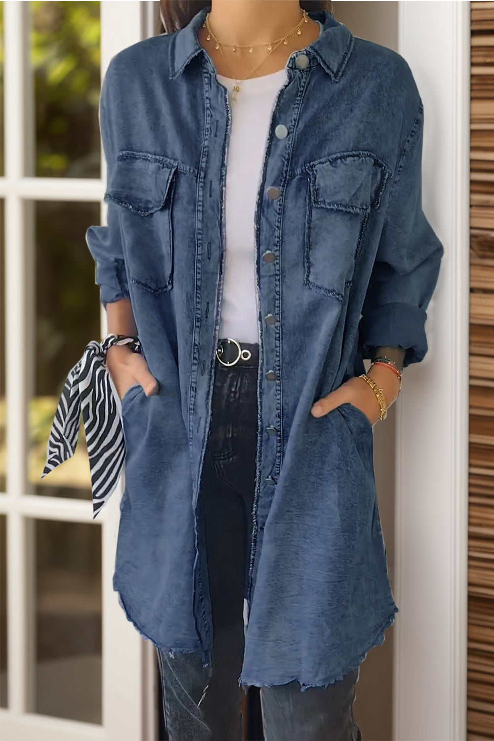 Full Size Pocketed Button Up Long Sleeve Denim Jacket-TOPS / DRESSES-[Adult]-[Female]-Navy-S-2022 Online Blue Zone Planet