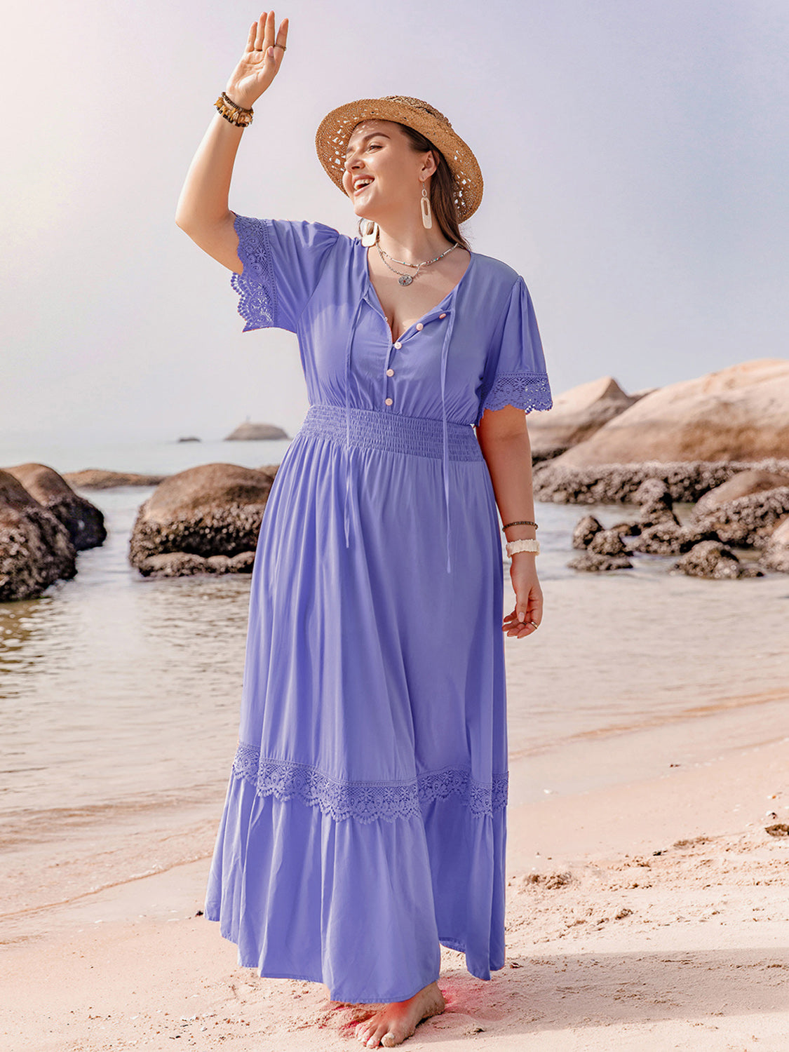 maxi dresses for short plus size ladies SCOMCHIC Women's Plus Size Boho Maxi Dress Short Sleeve Square Neck Smocked Flowy A-Line Lace Trim Wedding Guest Dresses Black at Amazon Women's Clothing store