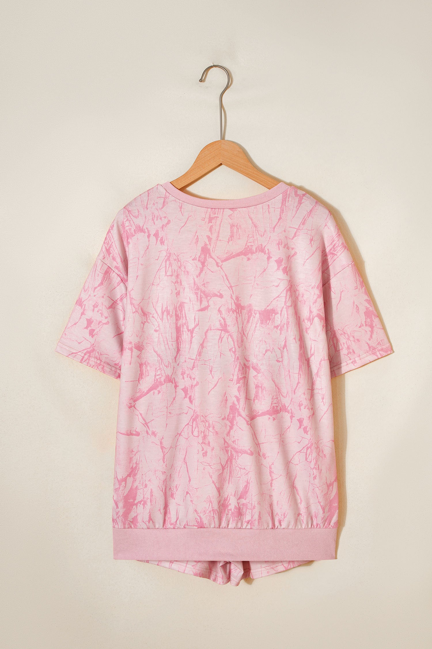 Pink Abstract Print V Neck Loose Tee Drawstring Shorts 2pcs Outfit-Two Piece Sets/Short Sets-[Adult]-[Female]-2022 Online Blue Zone Planet