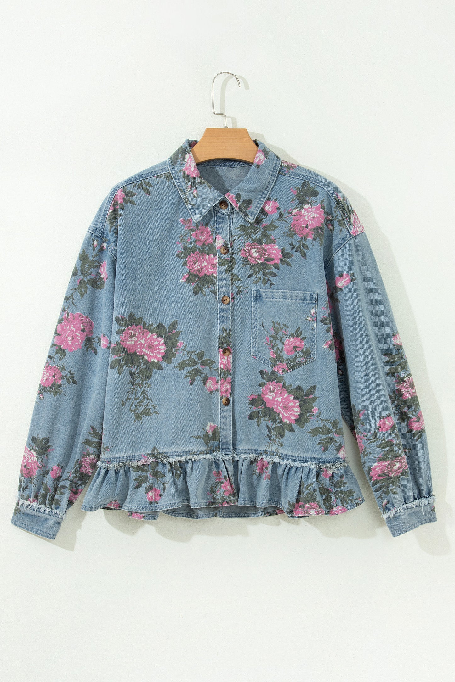 Sky Blue Floral Print Raw Seam Ruffle Hem Denim Jacket-Outerwear/Denim jackets-[Adult]-[Female]-2022 Online Blue Zone Planet