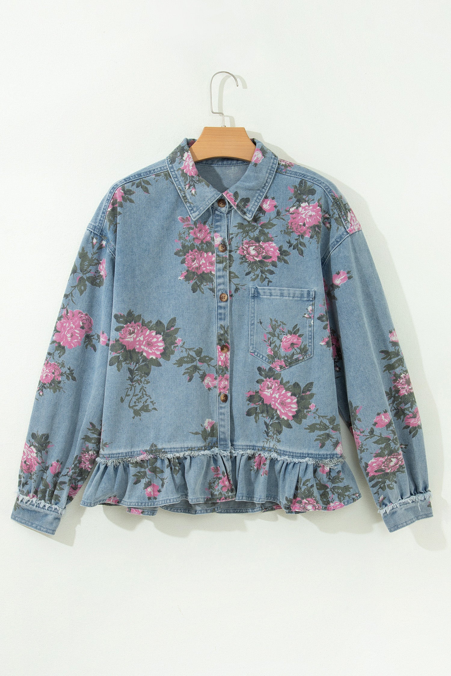 Sky Blue Floral Print Raw Seam Ruffle Hem Denim Jacket-Outerwear/Denim jackets-[Adult]-[Female]-2022 Online Blue Zone Planet
