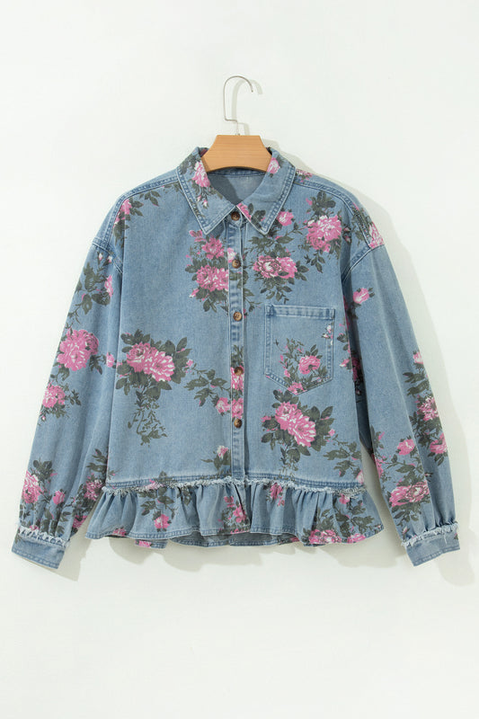 Sky Blue Floral Print Raw Seam Ruffle Hem Denim Jacket-Outerwear/Denim jackets-[Adult]-[Female]-2022 Online Blue Zone Planet
