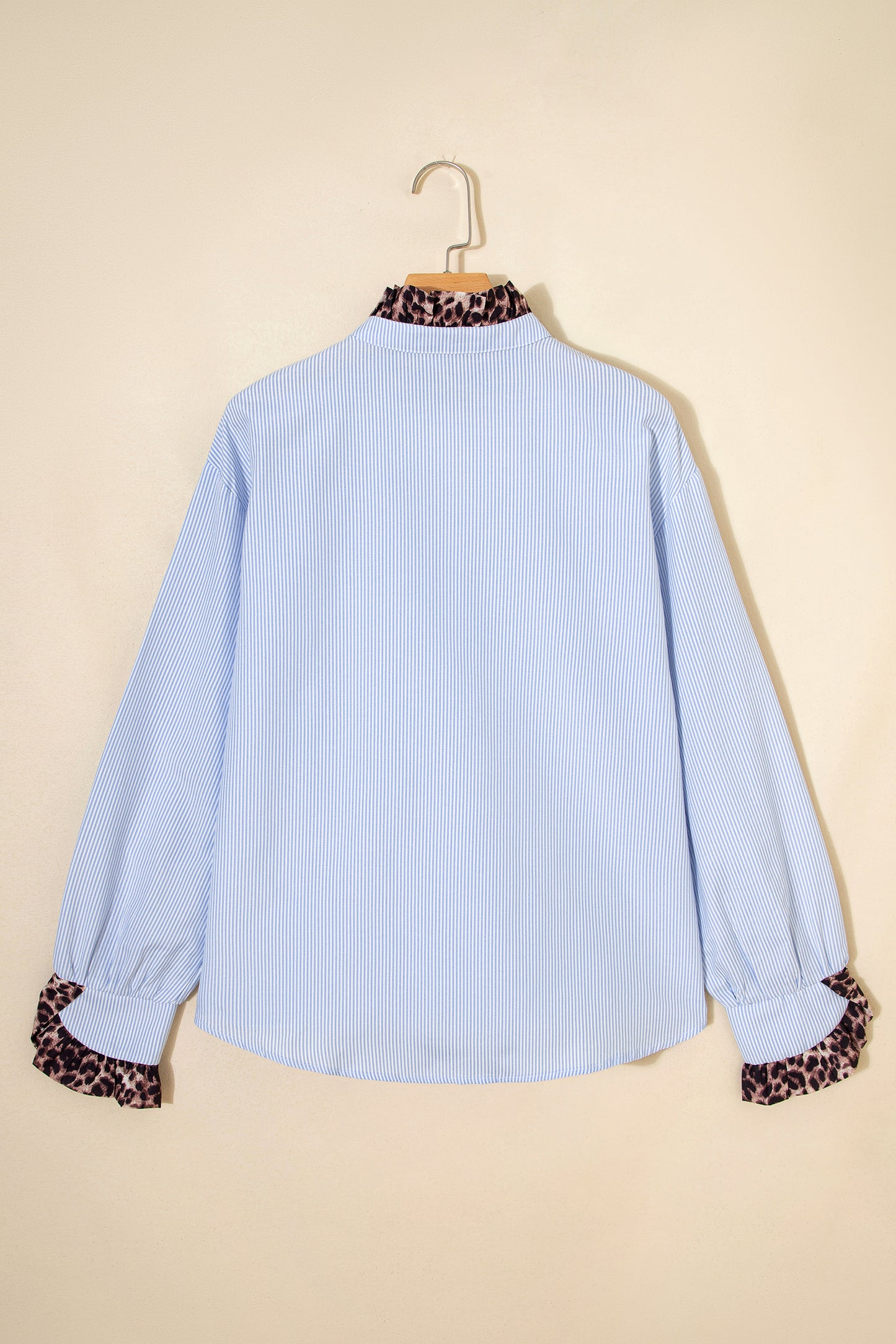 Sky Blue Stripe Ruffled Leopard Patchwork Long Sleeve Button Down Loose Shirt-Tops/Blouses & Shirts-[Adult]-[Female]-2022 Online Blue Zone Planet