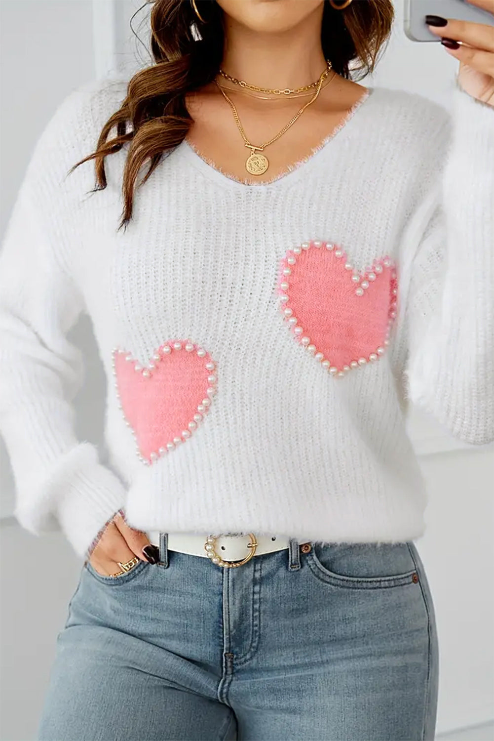 White Pearl Beaded Heart Pattern Fuzzy V Neck Sweater-Sweaters & Cardigans/Sweaters-[Adult]-[Female]-White-S-2022 Online Blue Zone Planet