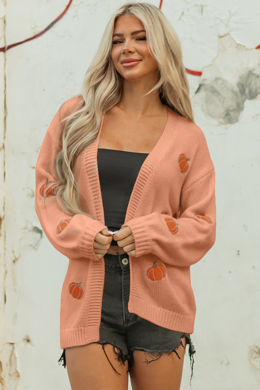 Straw Yellow Pumpkin Tree Print Open Front Drop Shoulder Midi Cardigan-Sweaters & Cardigans/Cardigans-[Adult]-[Female]-2022 Online Blue Zone Planet