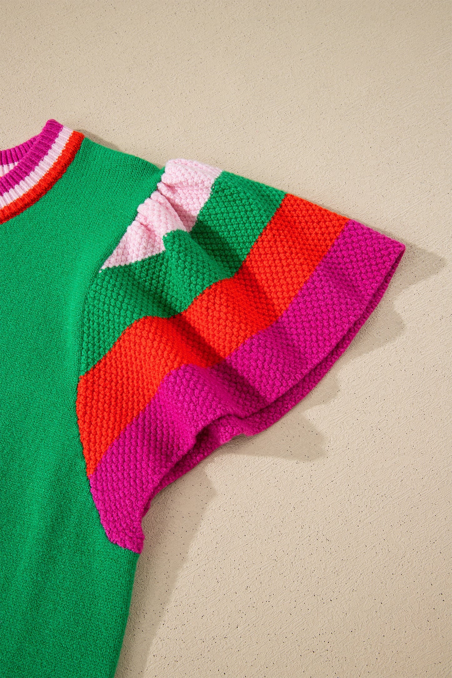 Bright Green Shiny Lucky Striped Flutter Sleeve Round Neck Sweater-TOPS / DRESSES-[Adult]-[Female]-2022 Online Blue Zone Planet