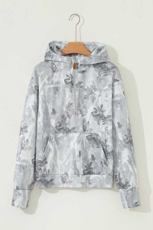 Gray Camo Leaf Print Kangaroo Pocket Quarter Zip Hoodie-Tops / Dresses-[Adult]-[Female]-2022 Online Blue Zone Planet
