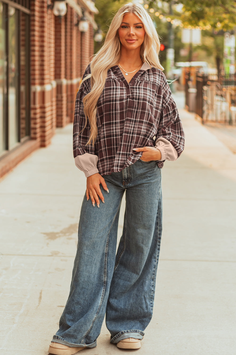 Brown Plaid Patchwork Long Sleeve Button Hooded Blouse-Tops / Dresses-[Adult]-[Female]-2022 Online Blue Zone Planet