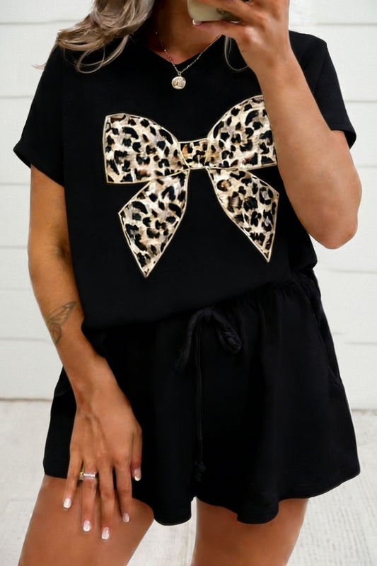 White Contrast Leopard Bow Patched V Neck Loose Tee Drawstring Shorts 2pcs Outfit-Two Piece Sets/Short Sets-[Adult]-[Female]-Black-S-2022 Online Blue Zone Planet