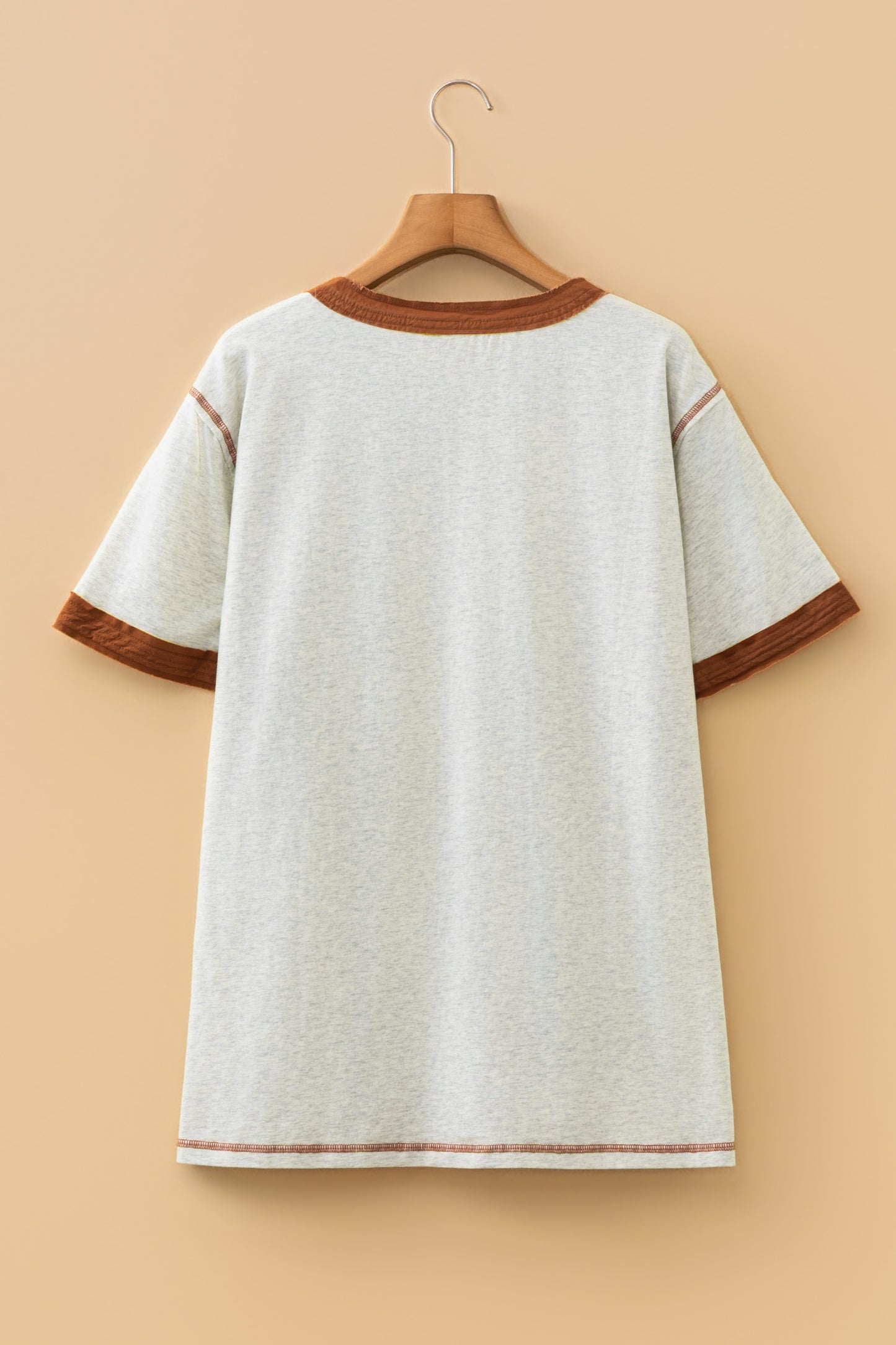 Light Grey Plus Size Distressed Color Block Trim Cotton Henley Tee-Plus Size/Plus Size Tops/Plus Size Tops & Tees-[Adult]-[Female]-2022 Online Blue Zone Planet