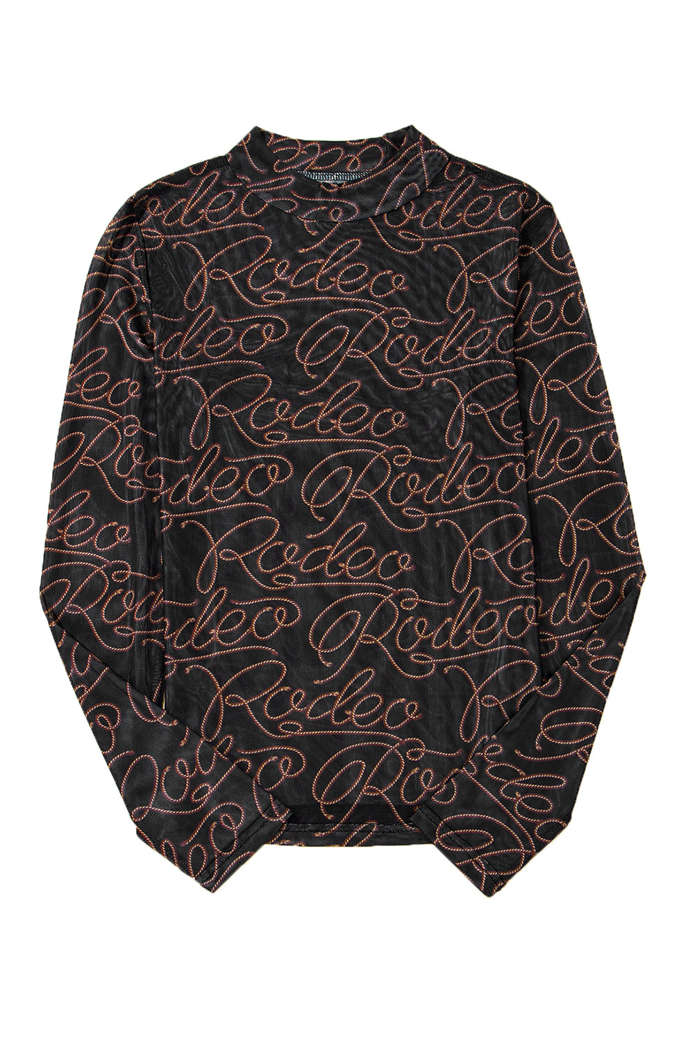Blue Zone Planet | Black Western Rodeo Printed Mock Neck Long Sleeve Mesh Top-Tops/Long Sleeve Tops-[Adult]-[Female]-2022 Online Blue Zone Planet